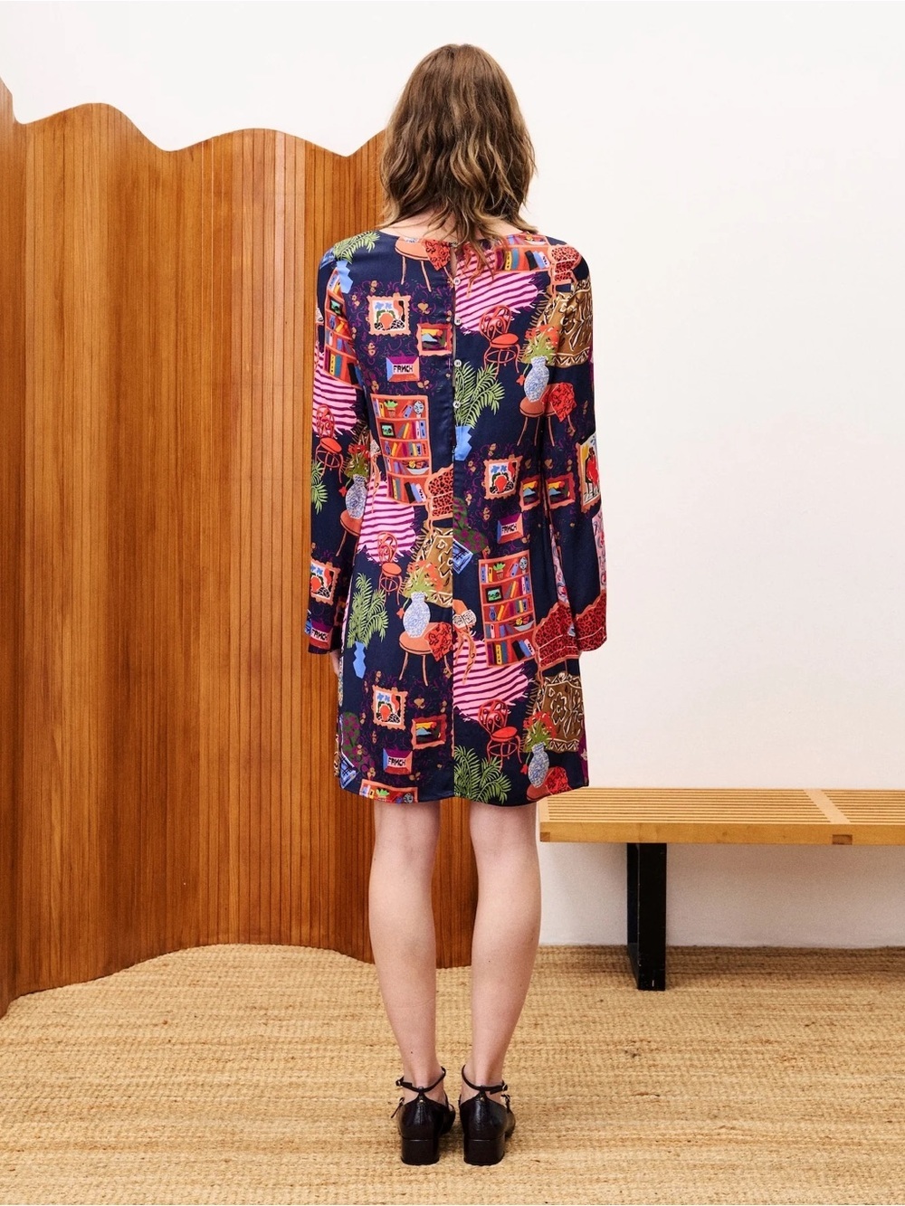 FRNCH Paris Ayurveda Printed Mini Dress Art Gallery Long Sleeve Shift NWT M Boho - Picture 4 of 16